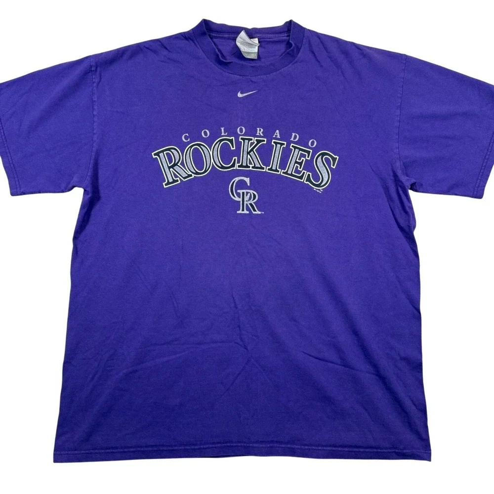 Vintage Nike‎ Colorado Rockies MLB Baseball Cotton T-Shirt Purple Mens XL
